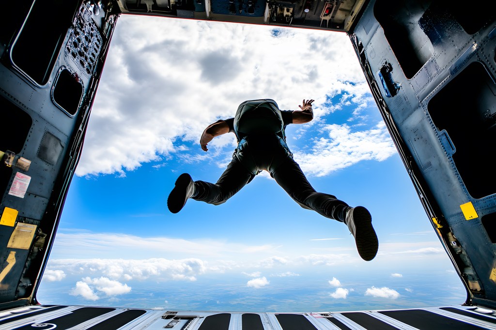 man jumping out of an airplane with a paraciute